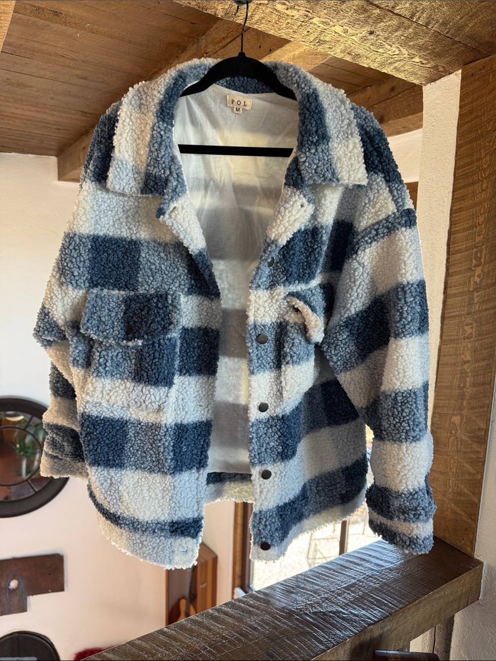 POL Blue & White Plaid Teddy Sherpa Jacket